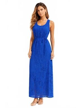 Madison Leigh Blue Lace Cutout Belted Maxi Dress S Elegant Fitted Lined